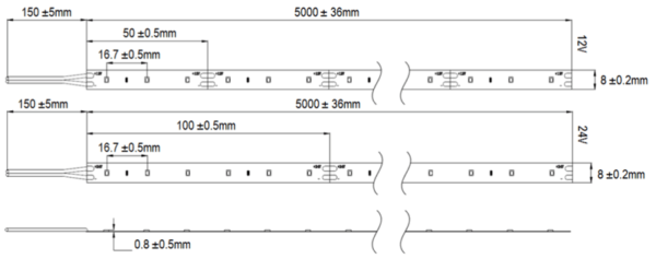 Technische Zeichnung zu LED-Band 4,8 W/m mit 2216-LEDs