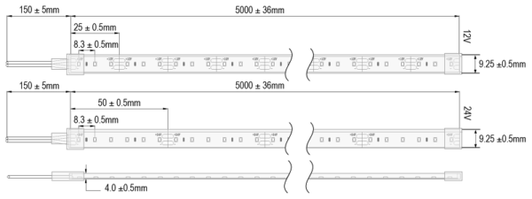 Technische Zeichnung zu LED-Band 9,6 W/m mit 2216-LEDs IP65
